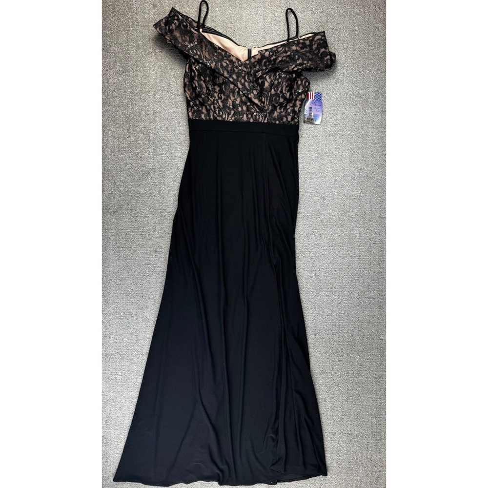 Morgan & Co Womens Black Lace Sequin Off Shoulder Evening Gown Dress Size 7 NEW